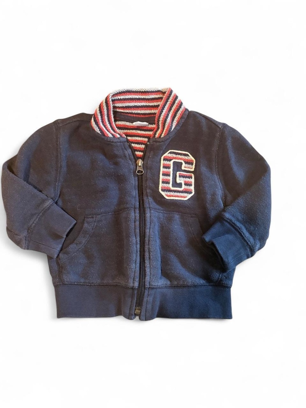 Navy Zip-Up Baby Gap Jacket with Striped Collar and 'G' Patch 12-18 months